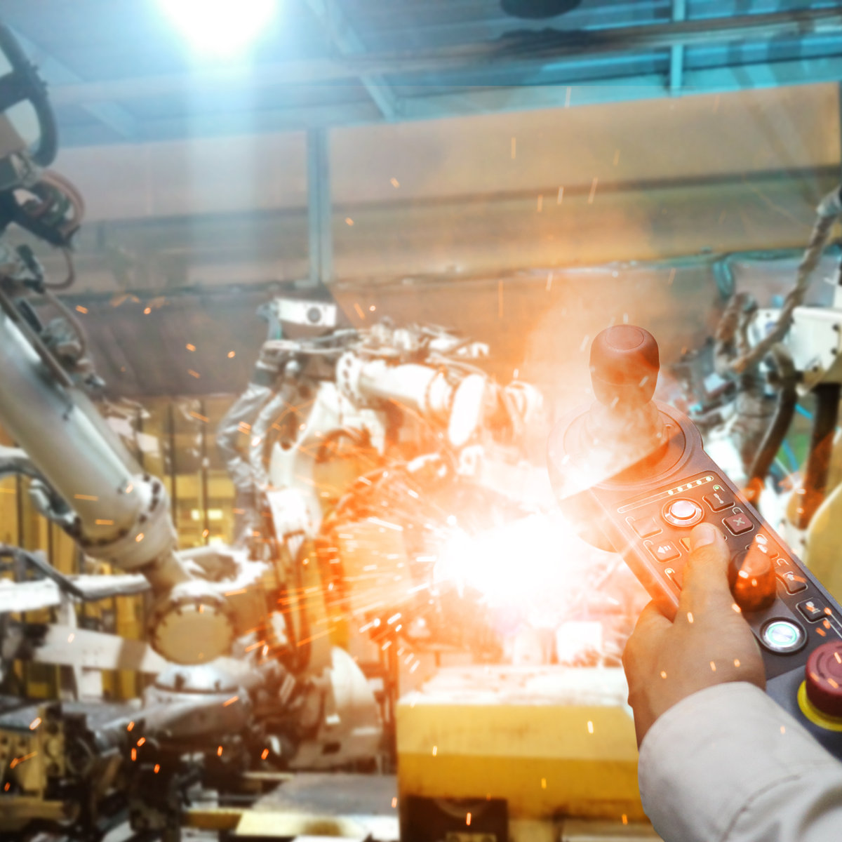 Man hand holding control with automate wireless Robot arm in smart factory background. Mixed media of welding robot in the automotive parts industry