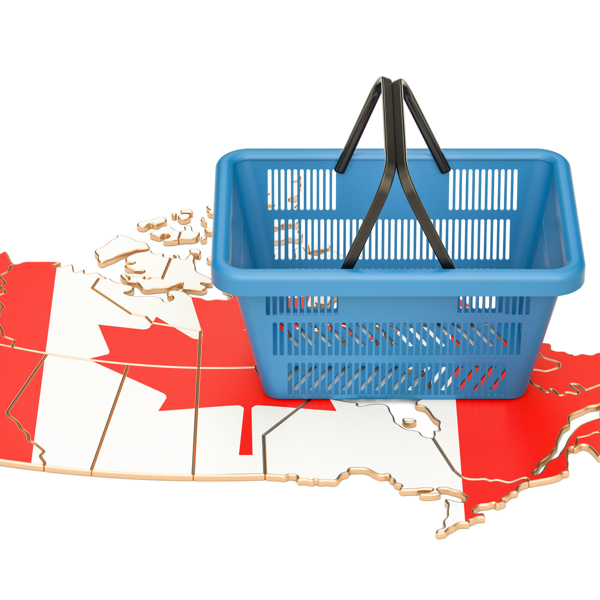 Shopping basket on Canadian map, market basket or purchasing power in Canada concept. 3D rendering
